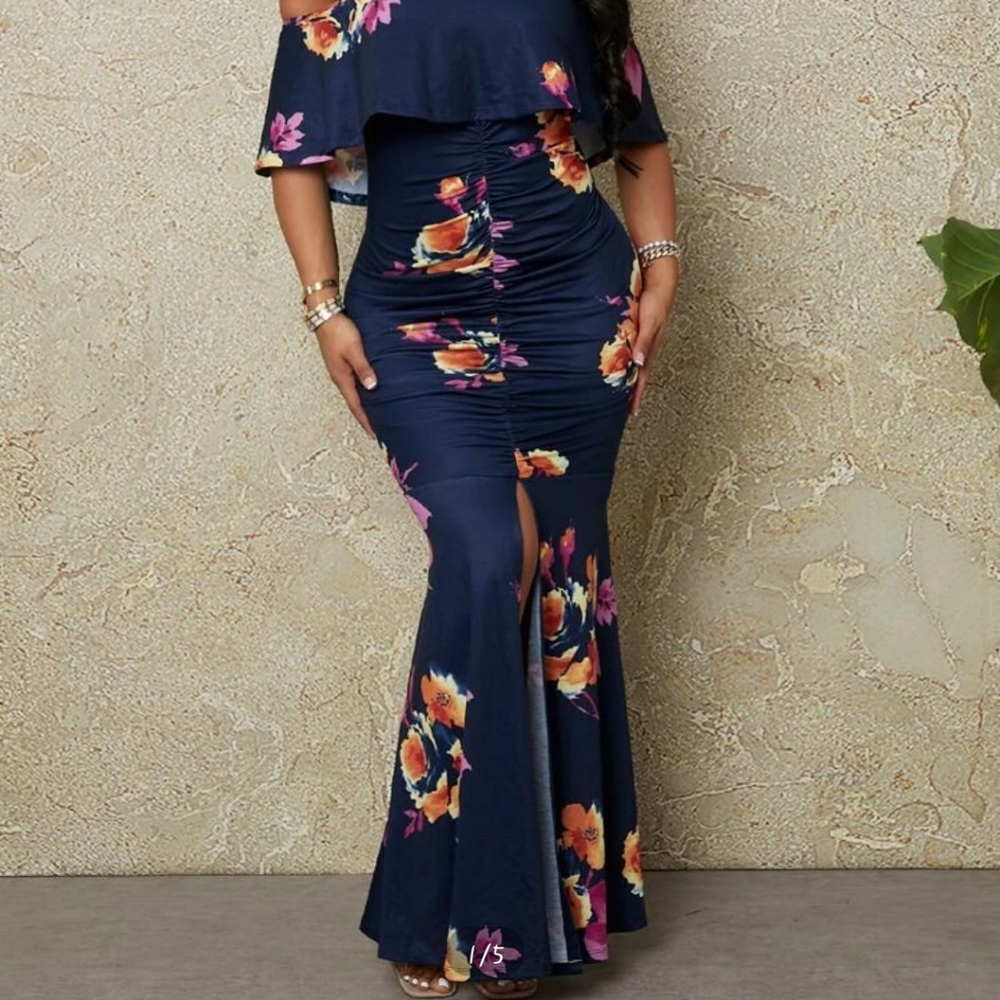 Floral Print Off Shoulder Ruched Hem Dress